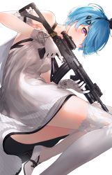 Rule 34 | blue hair, blush, bra, camisole, folding stock, girls&#039; frontline, gloves, gun, hair ornament, hair over one eye, hairband, high heels, holding, holding gun, holding weapon, kfr, looking at viewer, magazine (weapon), making-of available, mary janes, official alternate costume, pink eyes, rifle, scope, shoes, short hair, smile, stock (firearm), thighhighs, underwear, weapon, white background, white gloves, zas m21 (girls&#039; frontline)