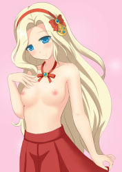 Rule 34 | 1girl, absurdres, blonde hair, blue eyes, blush, breasts, commentary request, cygnus (sword girls), hairband, highres, jewelry, long hair, maplestory, nipples, no bra, pendant, red skirt, shandougen shimifu, skirt, small breasts, smile, solo
