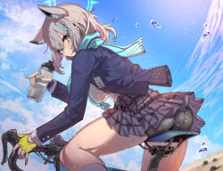 Rule 34 | 1girl, animal ear fluff, animal ears, ass, asymmetrical gloves, bike shorts, black shorts, blue archive, blue eyes, blue gloves, blue jacket, blue scarf, blue sky, bottle, breasts, cloud, commentary request, day, fingerless gloves, gloves, grey hair, hair between eyes, hair ornament, holding, holding bottle, jacket, long sleeves, medium breasts, mismatched gloves, open clothes, open jacket, outdoors, panties, pantylines, parted lips, pleated skirt, purple skirt, scarf, shirt, short shorts, shorts, skirt, sky, socks, solo, sweat, tajima ryuushi, underwear, water, water bottle, white panties, white shirt, white socks, yellow gloves