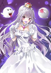 Rule 34 | 1girl, blush, boo (mario), breasts, cleavage, collar, collarbone, colored tongue, crown, dress, frilled collar, frilled dress, frilled gloves, frills, fujisaki ribbon, gem, ghost pose, gloves, grin, highres, jewelry, king boo, long hair, long tongue, looking at viewer, luigi&#039;s mansion, mario (series), mini crown, necklace, new super mario bros. u deluxe, nintendo, open mouth, pale skin, pointy ears, princess king boo, purple eyes, purple tongue, sharp teeth, simple background, smile, super crown, tears, teeth, tongue, tongue out, very long hair, white dress, white gloves, white hair