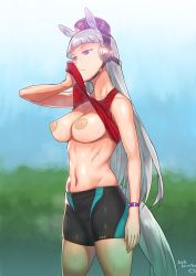 Rule 34 | 1girl, :/, animal ears, bad id, bad pixiv id, bare arms, bare shoulders, blue sky, blunt bangs, breasts, bridle, closed mouth, clothes lift, day, gold ship (umamusume), groin, half-closed eyes, hamushima, hand up, hip focus, horse ears, horse girl, horse tail, large breasts, lifting own clothes, long hair, navel, no bra, outdoors, pasties, perky breasts, purple eyes, red shirt, shirt, shirt lift, shorts, silver hair, sky, solo, sportswear, standing, sweat, tail, thighs, toned, umamusume, very long hair, wiping face, wiping sweat