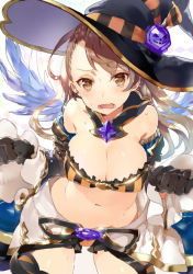 Rule 34 | 10s, 1girl, bare shoulders, beatrix (granblue fantasy), belt, black gloves, breasts, brown eyes, brown hair, cleavage, cowboy shot, feathered wings, gloves, granblue fantasy, halloween, hat, hat ornament, ikeya, large breasts, long hair, looking at viewer, matching hair/eyes, navel, open mouth, simple background, solo, standing, white background, white wings, wings, witch hat