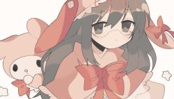 Rule 34 | 1girl, alternate costume, bow, bowtie, brown eyes, brown hair, crossover, glasses, heart, long hair, minakami mai, my melody, myajou9, nichijou, onegai my melody, red bow, red bowtie, sanrio, simple background, star (symbol)