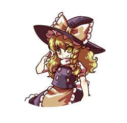 Rule 34 | 1girl, apron, blonde hair, bow, braid, cropped legs, dress, hair bow, hair ribbon, hat, hat bow, kirisame marisa, large bow, long hair, looking at viewer, puffy short sleeves, puffy sleeves, ribbon, salute, short sleeves, single braid, skirt, skirt set, smile, socha, solo, touhou, transparent background, two-finger salute, v, vest, wavy hair, witch hat, yellow eyes