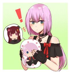Rule 34 | !, 1girl, assault lily, bare shoulders, black choker, black gloves, black ribbon, black shirt, blue eyes, blush, border, bow, character print, choker, closed mouth, commentary, cropped torso, fingerless gloves, frilled shirt, frilled sleeves, frills, gloves, gozen (assault lily), gradient background, gradient eyes, green background, green eyes, hair between eyes, halftone, halftone background, hands up, holding, holding pillow, long hair, looking at object, looking down, low twintails, multicolored eyes, neck ribbon, nigari (ngari 0115), notice lines, outside border, pillow, pink hair, print pillow, red bow, ribbon, shirt, solo, speech bubble, spoken character, toda eulalia kotohi, twintails, upper body, white border