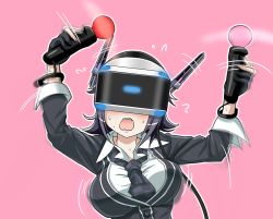 Rule 34 | 10s, 1girl, afterimage, black gloves, black hair, black necktie, blush, bouncing breasts, breasts, checkered clothes, checkered necktie, checkered neckwear, collared shirt, confused, covered eyes, flying sweatdrops, game console, gloves, hands up, head-mounted display, headgear, holding, kantai collection, large breasts, long sleeves, motion blur, motion lines, necktie, outline, partially fingerless gloves, pink background, pink lips, shirt, short hair, simple background, solo, sweat, tenryuu (kancolle), tk8d32, upper body, wavy mouth, white shirt, wire