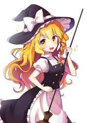 Rule 34 | :d, absurdres, apron, black dress, blonde hair, bow, braid, broom, buttons, cowboy shot, dress, frilled dress, frills, hair bow, hat, hat bow, highres, holding, holding broom, kirisame marisa, long hair, looking at viewer, offbeat, open mouth, pinafore dress, puffy short sleeves, puffy sleeves, short sleeves, simple background, sleeveless dress, smile, solo, touhou, waist apron, white background, white bow, witch hat, yellow eyes