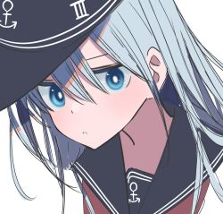 Rule 34 | 1girl, absurdres, anchor symbol, black sailor collar, blue eyes, commentary request, flat cap, hat, hibiki (kancolle), highres, kantai collection, long hair, looking at viewer, sailor collar, school uniform, serafuku, silver hair, simple background, solo, tetuw, upper body, white background