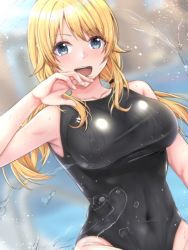Rule 34 | 1girl, aga marino, bad id, bad twitter id, black one-piece swimsuit, blonde hair, blue eyes, breasts, collarbone, competition swimsuit, covered navel, hachimiya meguru, idolmaster, idolmaster shiny colors, large breasts, long hair, low twintails, one-piece swimsuit, open mouth, smile, solo, swimsuit, twintails, water