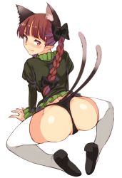 Rule 34 | 1girl, animal ears, ass, bad id, bad twitter id, black panties, blush, bow, braid, cat ears, cat tail, extra ears, from behind, full-face blush, full body, hair bow, hair ornament, kaenbyou rin, kneeling, long sleeves, looking at viewer, looking back, multiple tails, no pants, panties, pointy ears, puffy sleeves, red eyes, red hair, shirt, shoes, simple background, smile, solo, spread legs, tail, thighhighs, thong, touhou, twin braids, underwear, urin, white background, white thighhighs