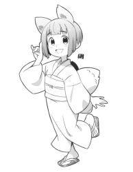 Rule 34 | 1girl, :d, animal ears, blush, commentary request, fox ears, fox girl, fox shadow puppet, fox tail, full body, greyscale, hand up, japanese clothes, kimono, kitsune, kukuri (mawaru), long sleeves, looking at viewer, mawaru (mawaru), monochrome, obi, open mouth, original, sandals, sash, short hair, simple background, smile, solo, standing, standing on one leg, tail, white background, wide sleeves, zouri