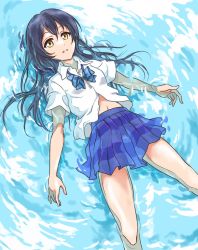 Rule 34 | 10s, 1girl, blue bow, blue bowtie, blue hair, bow, bowtie, commentary request, hair between eyes, long hair, love live!, love live! school idol project, lying, navel, on back, open mouth, otonokizaka school uniform, partially submerged, pleated skirt, school uniform, shirt, short sleeves, skirt, solo, sonoda umi, striped bow, striped bowtie, striped clothes, striped neckwear, tetopetesone, water, wet, wet clothes, wet hair, white shirt, yellow eyes