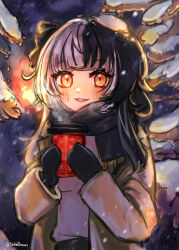 Rule 34 | 1girl, black gloves, black hair, black scarf, blush, brown jacket, coffee cup, cup, disposable cup, gloves, grey hair, highres, hololive, hololive english, jacket, long hair, looking at viewer, multicolored hair, outdoors, scarf, shibedraws, shiori novella, smile, snow, solo, twitter username, two-tone hair, upper body, virtual youtuber