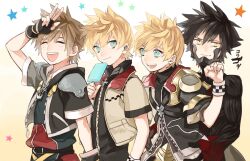 4boys annoyed arm_armor arm_up belt black_belt black_bodysuit black_gloves black_hair black_jacket black_shirt black_vest blonde_hair blue_eyes bodysuit brown_hair buun_ko chain chain_necklace checkered_clothes closed_eyes cropped_jacket face_punch false_smile fingerless_gloves food furrowed_brow gloves gradient_background hand_on_own_forehead hand_up happy holding holding_food holding_ice_cream ice_cream ice_cream_bar in_the_face jacket jewelry kingdom_hearts kingdom_hearts_birth_by_sleep kingdom_hearts_ii looking_at_another looking_to_the_side male_focus multiple_boys necklace open_clothes open_jacket open_mouth pendant punching roxas shirt short_hair shoulder_strap smile sora_(kingdom_hearts) spiked_hair standing star_(symbol) third-party_source translation_request turtleneck turtleneck_shirt upper_body v vanitas_(kingdom_hearts) ventus_(kingdom_hearts) vest white_jacket wristband yellow_eyes zipper