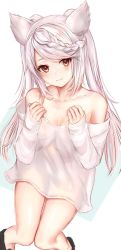 Rule 34 | 1girl, animal ears, bare shoulders, braid, braided bangs, breasts, brown eyes, cleavage, closed mouth, commentary request, efuri (riarea00), erune, fraux, granblue fantasy, highres, light smile, long hair, looking at viewer, medium breasts, oversized clothes, oversized shirt, shirt, silver hair, solo, twintails, very long hair