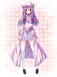 Rule 34 | 1girl, blush, bow, breasts, cleavage, crescent, dress, exe (artist), garter straps, hair bow, hat, long hair, long sleeves, looking at viewer, patchouli knowledge, purple hair, red eyes, short dress, solo, thighhighs, touhou, white thighhighs, xe (execut3r), zettai ryouiki
