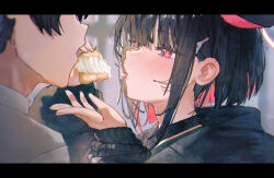 Rule 34 | 1boy, 1girl, animal ears, betabeet, black choker, black hair, black jacket, blue archive, blush, cat ears, choker, colored inner hair, extra ears, food, highres, hood, hood down, hooded jacket, jacket, kazusa (blue archive), letterboxed, long sleeves, looking at another, multicolored hair, open mouth, pink hair, red eyes, sensei (blue archive), short hair, tongue, tongue out