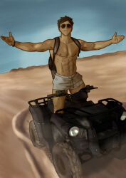 Rule 34 | 1boy, abs, absurdres, all-terrain vehicle, alternate body size, backpack, bag, bara, blue sky, brown hair, desert, glasses, haikyuu!!, highres, iwaizumi hajime, male focus, motor vehicle, opaque glasses, outstretched arms, pectorals, photo-referenced, shorts, simonsuke, sky, spread arms, sunglasses, white shorts