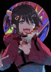 Rule 34 | 1girl, :d, bad id, bad pixiv id, black hair, blood, blood on hands, bloody knife, blue eyes, commentary request, hair between eyes, hair ornament, hairclip, heterochromia, highres, holding, holding knife, hood, hood down, hooded jacket, jacket, kayanogura, knife, long sleeves, looking at viewer, open mouth, original, piercing, red eyes, red jacket, sharp teeth, smile, solo, teeth, tongue, tongue out, tongue piercing, two side up, yandere