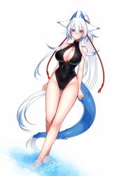 Rule 34 | 1girl, animal ears, barefoot, blue eyes, blush, breasts, cleavage, cleavage cutout, clothing cutout, colored eyelashes, female focus, front zipper swimsuit, full body, heterochromia, horns, konshin, large breasts, long hair, looking at viewer, meme attire, one-piece swimsuit, orie hakua, original, ponytail, red eyes, simple background, solo, swimsuit, tail, unzipped, very long hair, wading, white background, white hair, zipper