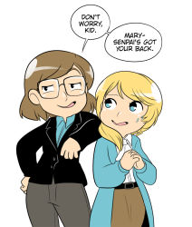 Rule 34 | 2girls, aqua shirt, arm on another&#039;s shoulder, artist self-insert, bad id, bad tumblr id, belt, blonde hair, blue eyes, brown hair, crossover, ellen baker, english text, eyebrows, flat color, glasses, hand on another&#039;s shoulder, hand on own hip, high belt, jacket, let&#039;s speak english, looking at another, looking to the side, looking up, mary cagle, multiple girls, new horizon, own hands clasped, own hands together, pants, parted lips, raised eyebrow, shirt, short hair, sideways mouth, simple background, smirk, speech bubble, sweatdrop, talking, tears, text focus, toon (style), white background