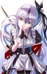 Rule 34 | 1girl, 3kneko, aqua eyes, arm behind back, arm up, azur lane, black corset, black gloves, black ribbon, black thighhighs, breasts, corset, dress, feet out of frame, finger to mouth, fingerless gloves, gloves, grey hair, hair ribbon, holding, holding mop, long hair, looking at viewer, maid, medium breasts, mop, multicolored hair, nail polish, pink nails, ribbon, short sleeves, side ponytail, simple background, smile, solo, standing, streaked hair, thighhighs, thueringen (azur lane), thueringen (tidying in the moonlight) (azur lane), very long hair, white dress