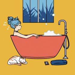 Rule 34 | akairiot, bath, bathing, blue hair, bubble bath, cat, cellphone, highres, iru may (akairiot), musical note, original, phone, simple background, towel, window, yellow background