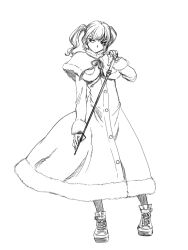 Rule 34 | 1girl, absurdres, akiyama haru, boots, cane, capelet, coat, commentary request, full body, fur-trimmed capelet, fur-trimmed coat, fur trim, greyscale, hatching (texture), highres, holding, holding cane, linear hatching, monochrome, original, sidelocks, solo, twintails