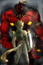 Rule 34 | 2boys, absurdres, alternate color, arm blade, blonde hair, chipp zanuff, early type, faceoff, guilty gear, guilty gear xrd, height difference, highres, military, military uniform, multiple boys, player 2, potemkin (guilty gear), single sleeve, spiked hair, uniform, weapon