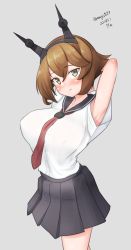 Rule 34 | 1girl, absurdres, alternate costume, black sailor collar, black skirt, breasts, brown hair, cowboy shot, green eyes, grey background, hairband, headgear, highres, kantai collection, large breasts, looking at viewer, maru (marg0613), mutsu (kancolle), neckerchief, one-hour drawing challenge, radio antenna, red neckerchief, sailor collar, short hair, simple background, skirt, solo