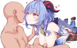 Rule 34 | 1boy, 1girl, absurdres, after paizuri, bare shoulders, bell, between breasts, black pantyhose, blue hair, blush, bow, breasts, breasts out, breasts squeezed together, cleavage, clothes between breasts, commentary request, cum, cum on body, cum on breasts, cum on upper body, detached sleeves, ganyu (genshin impact), genshin impact, heart, highres, horns, long hair, low ponytail, medium breasts, neck bell, no shoes, nude, paizuri, pantyhose, penis, perpendicular paizuri, purple eyes, saliva, sidelocks, smile, soanote, tassel, thighlet, white background, white sleeves