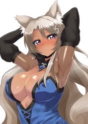 Rule 34 | 1girl, animal ears, armpits, arms up, avy417, blush, breasts, cleavage, covered erect nipples, dark skin, detached collar, detached sleeves, fox ears, large breasts, long hair, looking at viewer, purple eyes, sakura spirit, sakurano machiko, silver hair, simple background, solo, sweat, upper body, white background, white hair, wolf ears