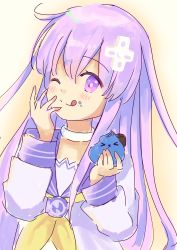 Rule 34 | absurdres, breasts, choker, hair ornament, hairclip, highres, hungry, long hair, nepgear, neptune (series), one eye closed, ppppin55, purple eyes, purple hair, ribbon, shirt, small breasts, smile, tongue, wink