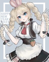 Rule 34 | 1girl, 2023, animal ears, apron, black vest, blonde hair, blue eyes, braid, carrot, chinese zodiac, commentary request, cowboy shot, enuoxo, fake animal ears, frilled apron, frills, g36 (girls&#039; frontline), girls&#039; frontline, gloves, hair ornament, happy new year, highres, long hair, looking at viewer, necktie, new year, open mouth, puffy short sleeves, puffy sleeves, rabbit ears, rabbit hair ornament, red necktie, short sleeves, skirt, smile, solo, twin braids, vest, white apron, white gloves, year of the rabbit