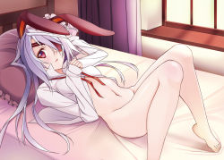 Rule 34 | 10s, 1girl, animal ears, bad id, bad pixiv id, barefoot, bed, bottomless, dress shirt, eyepatch, feet, infinite stratos, laura bodewig, long hair, lying, naked shirt, on back, open clothes, open shirt, rabbit ears, red eyes, shingo., shirt, solo, white hair