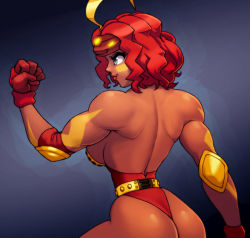 Rule 34 | 1girl, ass, breasts, from behind, gradient background, jiggeh, muscular, red hair, solo
