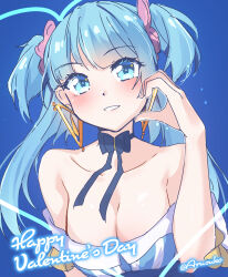 Rule 34 | 1girl, absurdres, aqua dress, arusuko, bare shoulders, blue background, blue dress, blue eyes, blue hair, blush, breasts, choker, cleavage, dress, earrings, happy birthday, highres, jewelry, large breasts, light blue hair, long hair, looking at viewer, magia record: mahou shoujo madoka magica gaiden, mahou shoujo madoka magica, minami rena, off-shoulder dress, off shoulder, pink scrunchie, scrunchie, smile, solo, striped clothes, striped dress, triangle earrings, two side up, vertical-striped clothes, vertical-striped dress