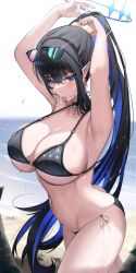 Rule 34 | 1girl, alternate costume, armpits, arms behind head, arms up, bare shoulders, beach, bikini, black bikini, black hair, blue archive, blue eyes, blue hair, blush, breasts, cleavage, cowboy shot, day, earrings, eyewear on head, giga-tera, halo, highres, holding, holding own hair, horns, jewelry, large breasts, long hair, looking at viewer, mouth hold, multicolored hair, navel, outdoors, pointy ears, ponytail, rin (blue archive), sand, side-tie bikini bottom, sidelocks, solo, standing, stomach, string bikini, sunglasses, sweat, swimsuit, two-tone hair, tying hair, very long hair, water, wet