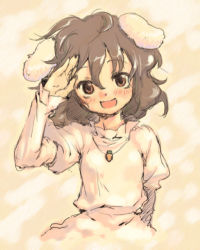 Rule 34 | 1girl, brown eyes, female focus, inaba tewi, nametake, open mouth, salute, sepia, smile, solo, touhou