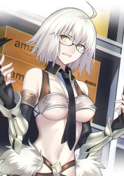 Rule 34 | 1girl, ahoge, armor, bare shoulders, belt, black gloves, black necktie, blush, box, breastplate, breasts, cardboard box, clenched teeth, cosplay, detached collar, elbow gloves, fate/grand order, fate (series), fingerless gloves, fur trim, gauntlets, glasses, gloves, hands up, highres, jeanne d&#039;arc (fate), jeanne d&#039;arc alter (avenger) (fate), jeanne d&#039;arc alter (fate), large breasts, looking at viewer, navel, necktie, penthesilea (fate), penthesilea (fate) (cosplay), shelf, shigure s, short hair, silver hair, slit pupils, solo, teeth, underboob, yellow eyes