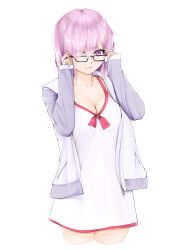 Rule 34 | 1girl, absurdres, adjusting eyewear, black-framed eyewear, bow, breasts, cleavage, closed mouth, collarbone, cowboy shot, cropped legs, dress, eyes visible through hair, fate/grand order, fate (series), glasses, grey sleeves, hair between eyes, hair over one eye, highres, jacket, long sleeves, looking at viewer, looking over eyewear, mash kyrielight, mash kyrielight (swimsuit of perpetual summer), medium breasts, official alternate costume, open clothes, open jacket, pink hair, purple eyes, red bow, shield, short dress, short hair, simple background, sleeveless, sleeveless dress, solo, spaghetti strap, standing, viktorf, white background, white dress, white jacket
