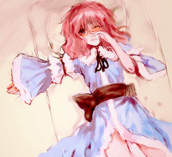 Rule 34 | 1girl, female focus, futon, hand on own face, looking at viewer, lying, nokishita, on back, one eye closed, open mouth, pillow, pink hair, saigyouji yuyuko, short hair, solo, touhou