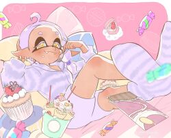 Rule 34 | + +, 1girl, alternate hair color, asymmetrical hair, bed, blueberry, blush, border, candy, chocolate, chocolate bar, closed mouth, commentary request, cupcake, earrings, eyelashes, fangs, fangs out, food, food on face, forehead, fork, fruit, frye (splatoon), highres, holding, holding fork, hood, hood down, hoodie, inkling, jewelry, long sleeves, looking at viewer, medium hair, mimimimiguchan, multiple earrings, nintendo, on bed, outside border, pastry, pillow, pink background, plate, pointy ears, purple hair, purple hoodie, purple shorts, purple socks, short eyebrows, short shorts, shorts, simple background, sitting, smile, socks, solo, splatoon (series), splatoon 3, strawberry, tentacle hair, thick eyebrows, white border, yellow eyes
