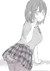 Rule 34 | 1girl, 7 calpis 7, arm support, ass, blush, breasts, closed mouth, collared shirt, commentary request, greyscale, hair ornament, hairclip, highres, leaning forward, looking at viewer, looking back, monochrome, original, panties, panties under pantyhose, pantyhose, plaid, plaid skirt, pleated skirt, school uniform, shirt, short sleeves, skirt, small breasts, smile, solo, thighband pantyhose, underwear, white background