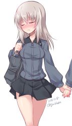 Rule 34 | 1girl, bag, black skirt, blush, carrying, closed eyes, closed mouth, commentary request, dated, dress shirt, emblem, facing viewer, frown, girls und panzer, grey shirt, highres, holding hands, itsumi erika, kuromorimine school uniform, kuzuryuu kennosuke, long hair, long sleeves, miniskirt, one-hour drawing challenge, out of frame, partial commentary, pleated skirt, school bag, school uniform, shirt, silver hair, simple background, skirt, solo, solo focus, standing, thighs, twitter username, white background, yuri