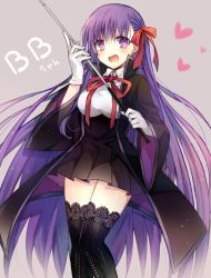 Rule 34 | 10s, 1girl, bb (fate), bb (fate/extra), black coat, black dress, blush, character name, coat, dress, fate/extra, fate/extra ccc, fate (series), gloves, heart, heart-shaped pupils, holding, long hair, looking at viewer, open clothes, open coat, open mouth, pleated dress, purple eyes, purple hair, riding crop, short dress, smile, solo, symbol-shaped pupils, thighhighs, very long hair, white gloves, yimu