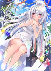 Rule 34 | 1girl, bare arms, bare shoulders, barefoot, blue flower, blue sky, breasts, cloud, collarbone, commentary request, day, dress, flower, grey hair, hair between eyes, highres, holding, ko yu, long hair, medium breasts, original, outdoors, red eyes, red flower, sky, sleeveless, sleeveless dress, solo, sundress, very long hair, white dress, white flower, yellow flower