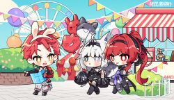 Rule 34 | amusement park, animal ears, artist request, balloon, banner, bow, candy, carnival, chibi, claws, ferris wheel, food, heterochromia, highres, holding, holding balloon, lollipop, map, mechanical arms, mechanical parts, mole, no.21 (punishing: gray raven), noctis (punishing: gray raven), official art, pointing, ponytail, popcorn, punishing: gray raven, red eyes, red hair, scar, single mechanical arm, smile, stuffed toy, tail, toy, vera: garnet (punishing: gray raven), vera (punishing: gray raven), walking, wolf ears, wolf tail, yellow eyes