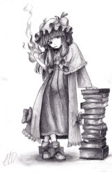 Rule 34 | 1girl, absurdres, book, book stack, capelet, crescent, crescent hat ornament, dress, female focus, frilled capelet, frilled dress, frills, full body, greyscale, hara1026, hat, hat ornament, highres, leaning, long hair, long sleeves, looking at viewer, mob cap, monochrome, patchouli knowledge, solo, standing, touhou, traditional media