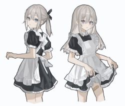 Rule 34 | 2girls, absurdres, apron, bandaid, bandaid on leg, black dress, black ribbon, blue eyes, closed mouth, clothes lift, commentary, cowboy shot, cropped legs, dress, grey eyes, grey hair, hair ribbon, highres, lifted by self, long hair, looking at viewer, maid, maid apron, multiple girls, original, ponytail, purple eyes, ribbon, short sleeves, simple background, skirt, skirt lift, white apron, white background, zumochi